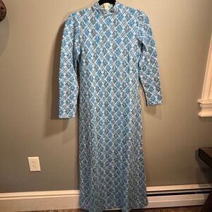 Vintage MCM 60s 70s Women S Lanz Originals Blue Argyle Knit Mock Neck Maxi Dress